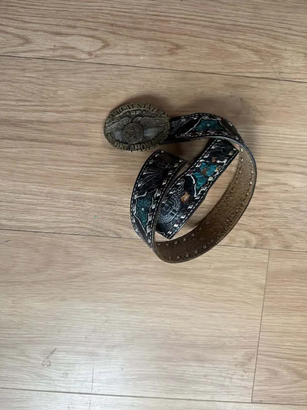 Vintage Western Tooled Leather Belt with Turquoise Floral Inlay and Oklahoma Sta